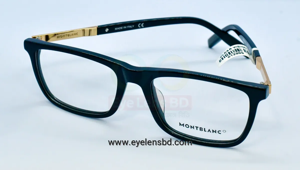 Montblanc Premium Black Rectangular Acetate Eyeglass Frame with Gold Temples | Unisex
